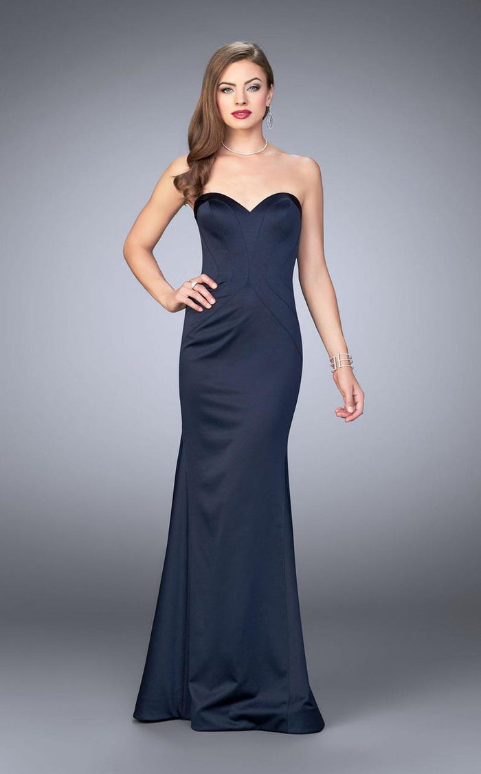 La Femme - 23197 Tuck-Sculpted Satin Sweetheart Long Evening Gown Special Occasion Dress 00 / Navy