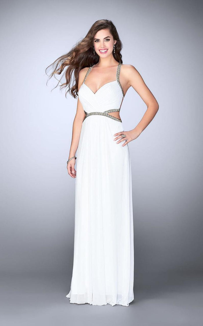 La Femme - 23632 Bejeweled Tuck-Sculpted Sweetheart Long Evening Gown Special Occasion Dress 00 / White