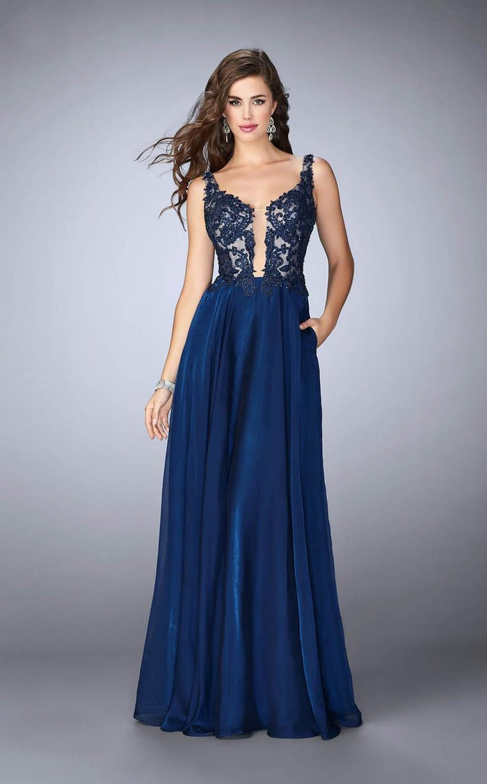 La Femme - 23802 Deep V Neck Illusion Lace Top Prom Gown Special Occasion Dress 00 / Navy