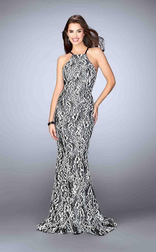 La Femme - 23848 Refined Contrast Lace Halter Long Evening Gown