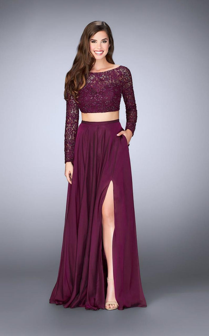 La Femme - 23937 Glamorous Two-Piece Lace Illusion Long Evening Gown Special Occasion Dress 00 / Garnet