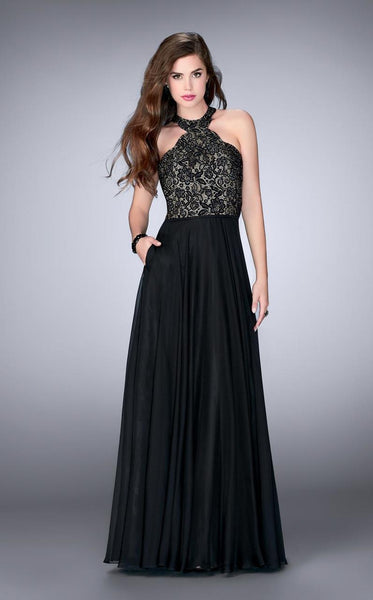 La Femme - 23975 Lace Detail Halter Top Chiffon Long Prom Dress  Couture  Candy