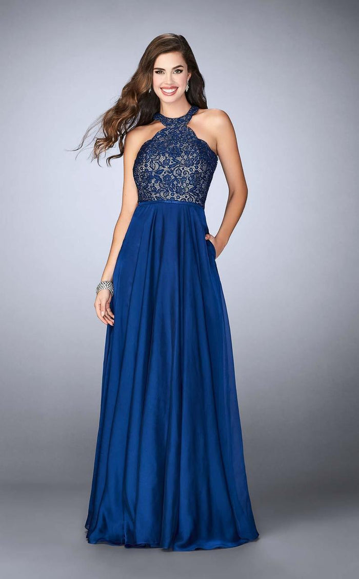La Femme - 23975 Lace Detail Halter Top Chiffon Long Prom Dress Special Occasion Dress 00 / Marine Blue