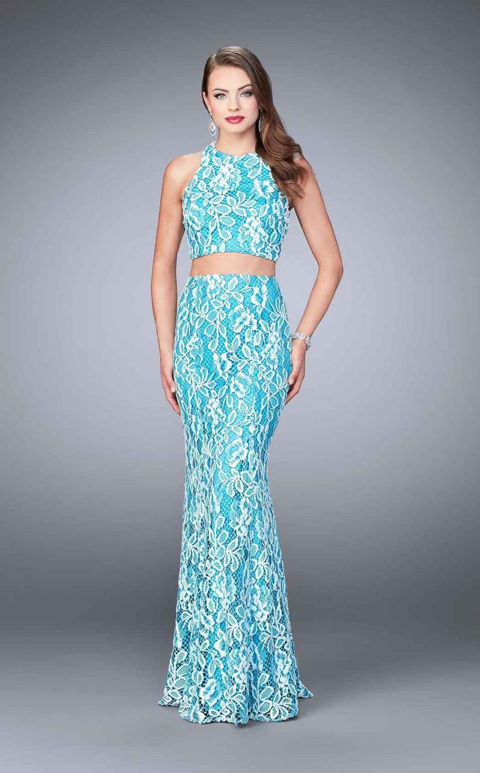 La Femme - 23976 Two-Piece Contrast Lace Sheath Long Evening Gown Special Occasion Dress 00 / Turquoise/White