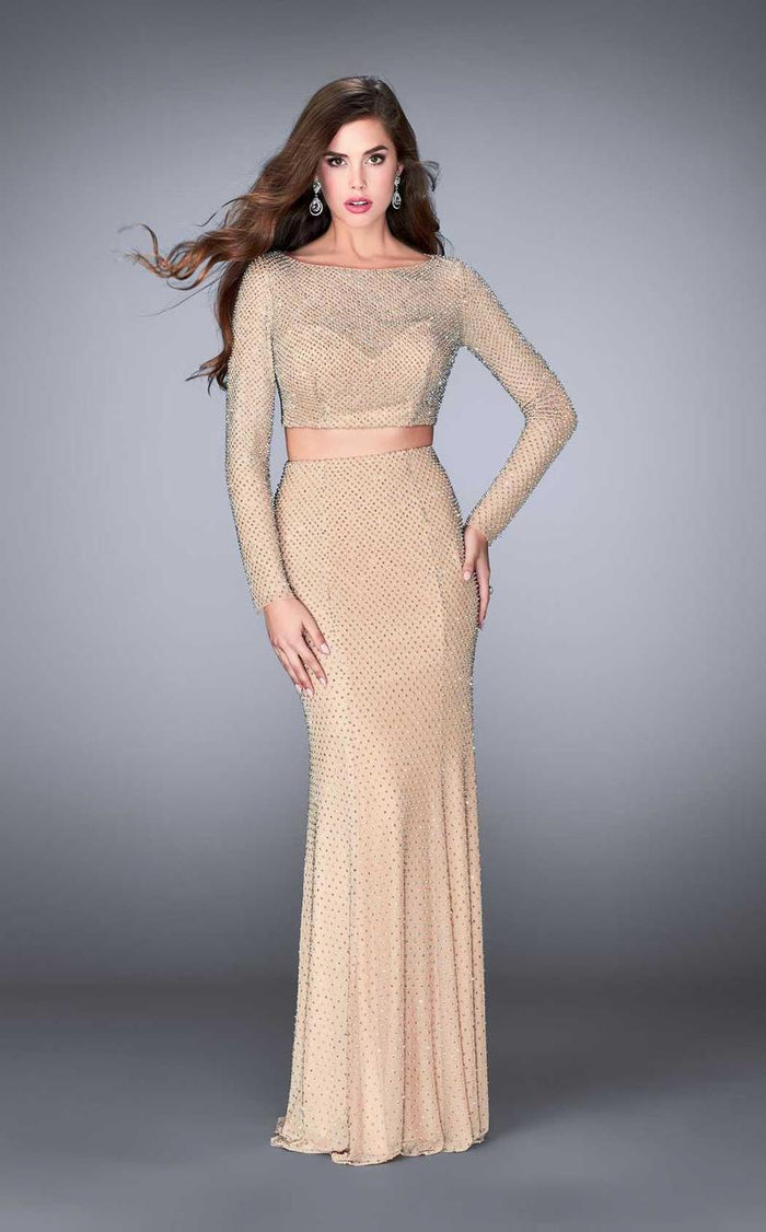 La Femme - 24175 Sparkling Long Sleeve Cropped Top Prom Dress Special Occasion Dress 00 / Nude