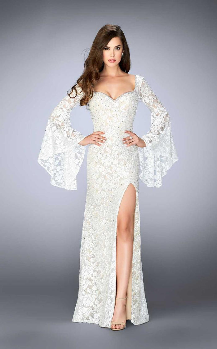 La Femme 24249 Gleaming Long Sleeve Laced Sweetheart Long Dress CCSALE 4 / White