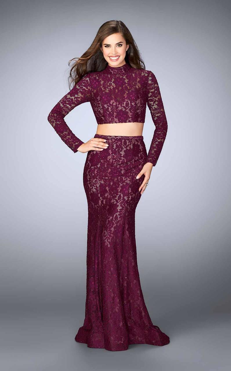 La Femme - 24272 Lovely Long Sleeve High Neck Laced Two-piece