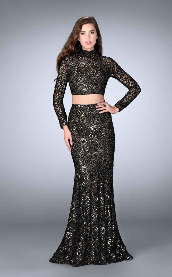 La Femme - 24342 Sheer Lace Illusion Long Sleeves Mermaid Evening Gown Special Occasion Dress 00 / Black/Gold