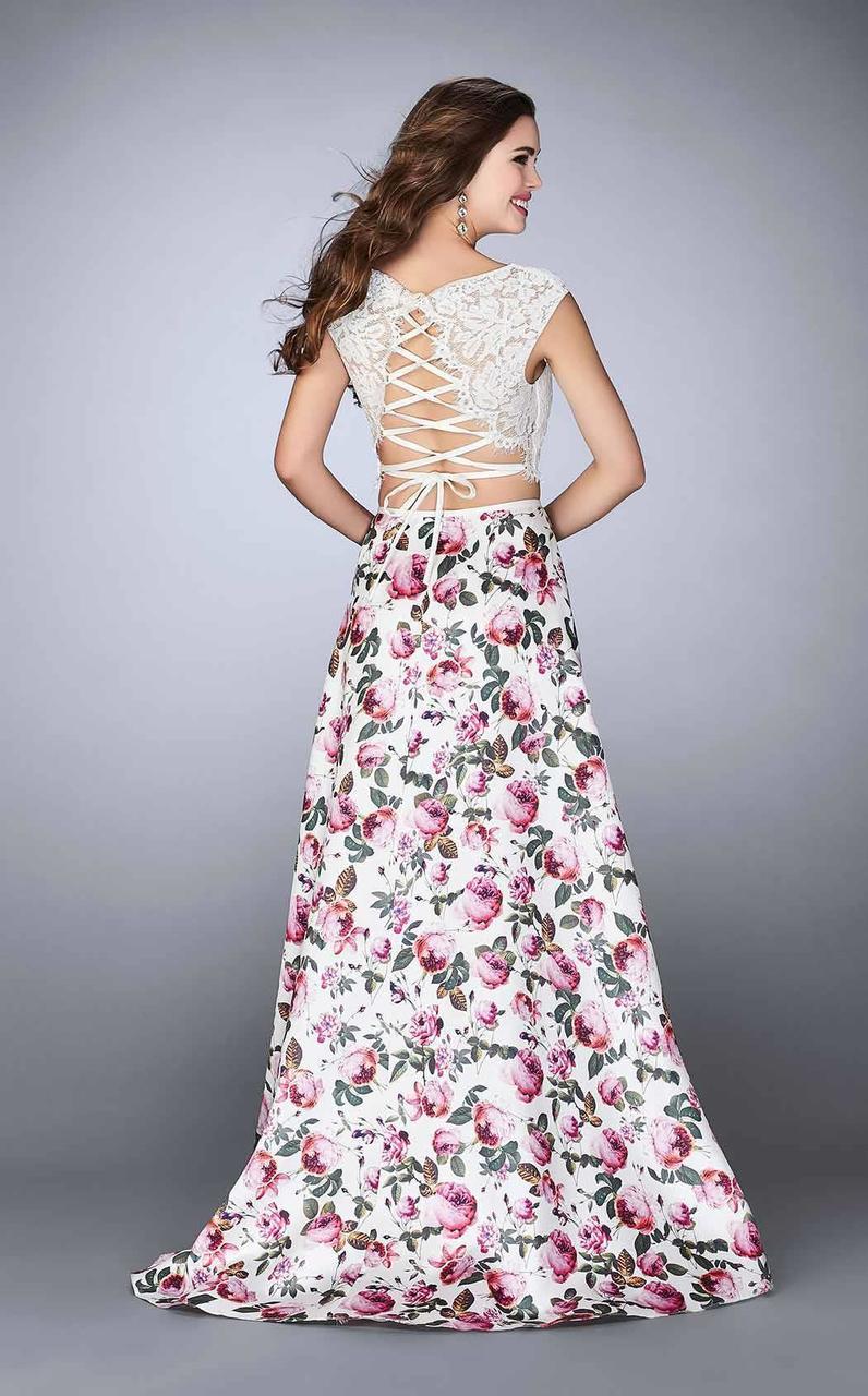 La Femme - 24428 Fringy Lace Bateau Illusion Floral Long Evening Gown ...