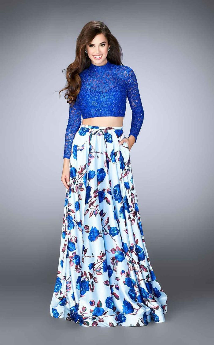 La Femme - 24507 Two Piece Floral and Lace Satin Ensemble Prom Dress Special Occasion Dress 00 / Blue/Multi