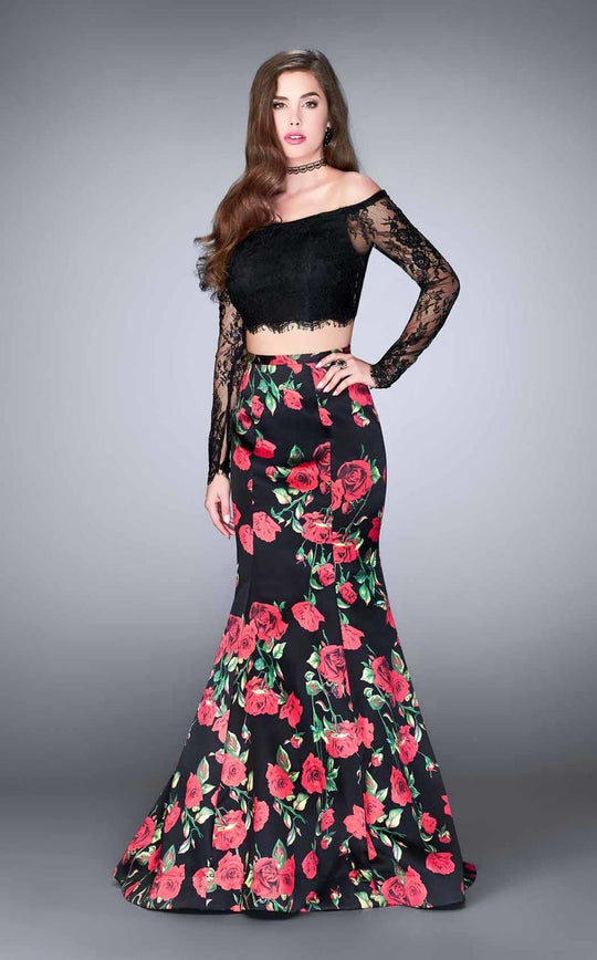 La Femme - 24522 Sultry Off The Shoulder Laced Two-piece Floral Mermaid Dress