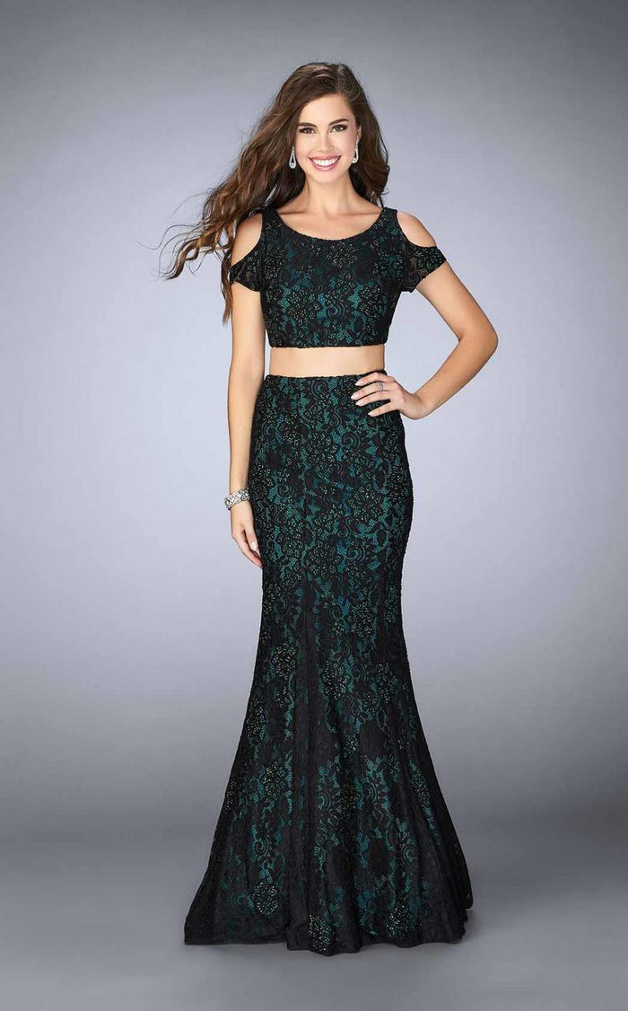 La Femme - 24583 Cold Shoulder Mermaid Skirt Rhinestone Lace Prom Dress Special Occasion Dress 00 / Black/Emerald