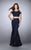 La Femme - 24583 Cold Shoulder Mermaid Skirt Rhinestone Lace Prom Dress Special Occasion Dress 00 / Black/Marine Blue