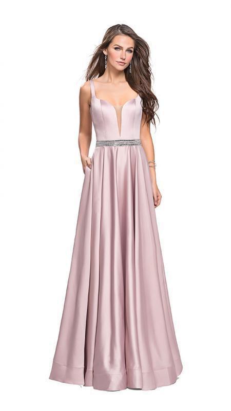 La Femme - 24821 Sleeveless Plunging Sweetheart Satin A-Line Gown Special Occasion Dress 00 / Champagne