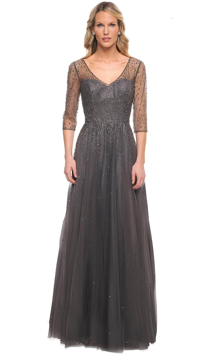 La Femme - 24894 Sheered and Sequined Evening Gown Evening Dresses 4 / Gunmetal
