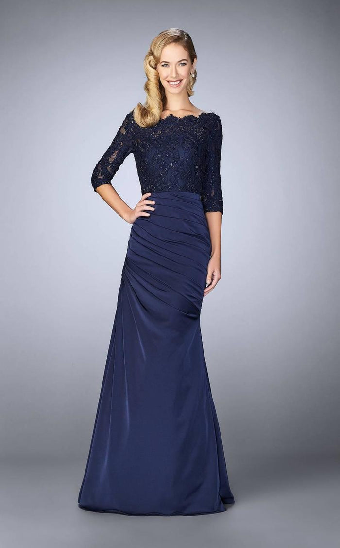 La Femme - 24926 Off-Shoulder Ruched Mermaid Gown Special Occasion Dress 0 / Navy