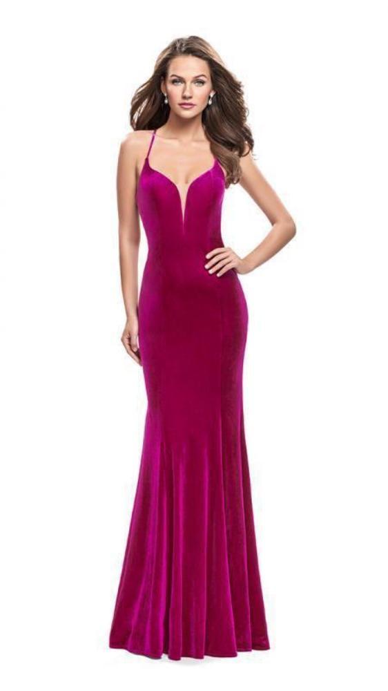 La Femme - 25174 Plunging Sweetheart Velvet Sheath Gown Special Occasion Dress 00 / Fuchsia