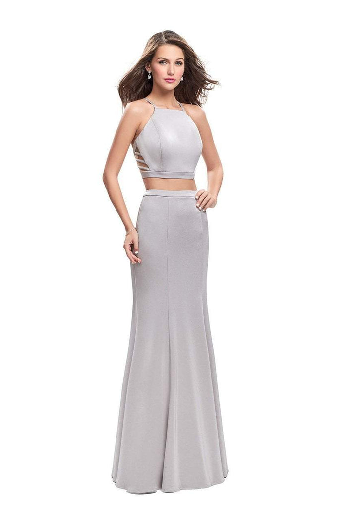 La Femme - 25220 Two-Piece High Halter Strappy Jersey Gown Special Occasion Dress 00 / Silver