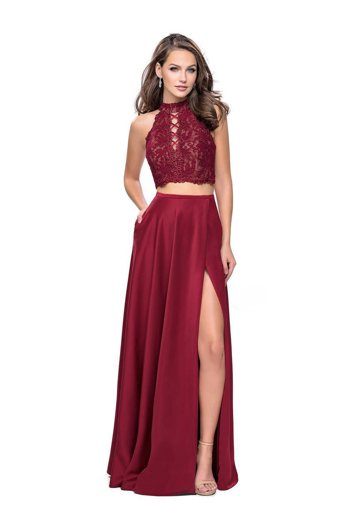 La Femme - 25263 Two-Piece High Halter Lace Up Bodice A-Line Gown Special Occasion Dress 00 / Burgundy