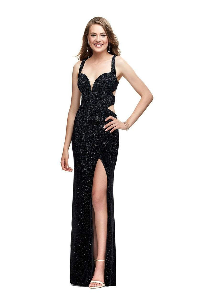 La Femme - 25266 Rhinestone Embellished Velvet Dress Special Occasion Dress 00 / Black