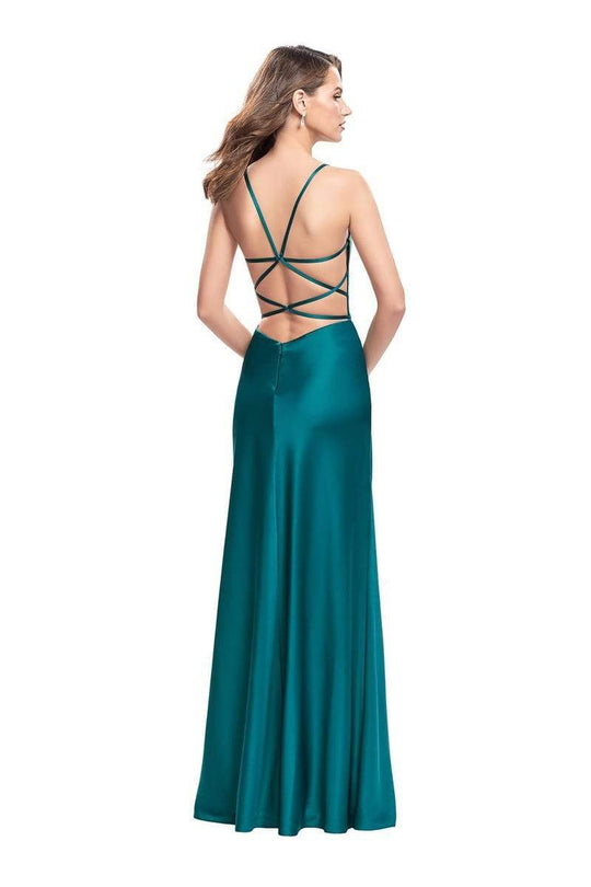 La Femme - 25270 Sleeveless Pleated Surplice Bodice Satin Gown