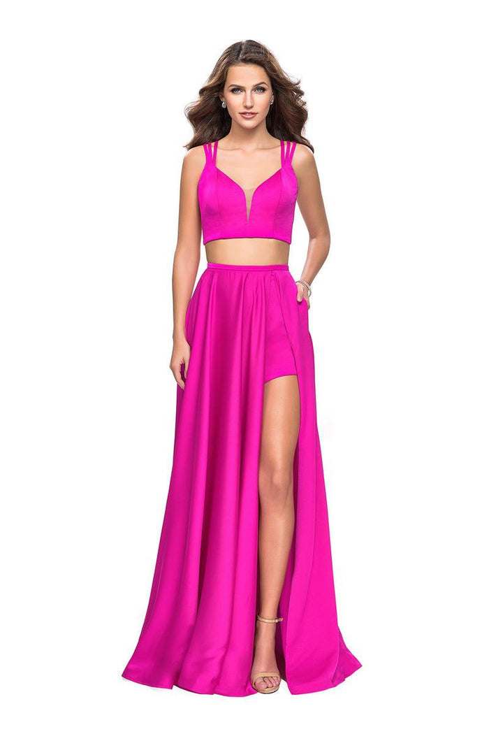 La Femme - 25288 Two-Piece Plunging Strappy Satin A-Line Gown Special Occasion Dress 00 / Hot Pink