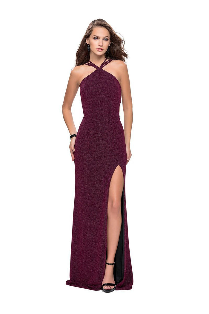 La Femme - 25346 Strappy Lattice Back High Halter Jersey Gown Special Occasion Dress 00 / Fuchsia