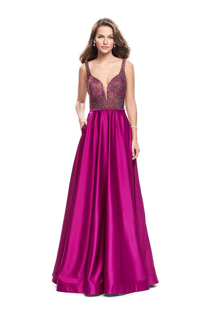 La Femme - 25348 Sleeveless Crystal Crusted Plunging Satin Gown Special Occasion Dress 00 / Fuchsia