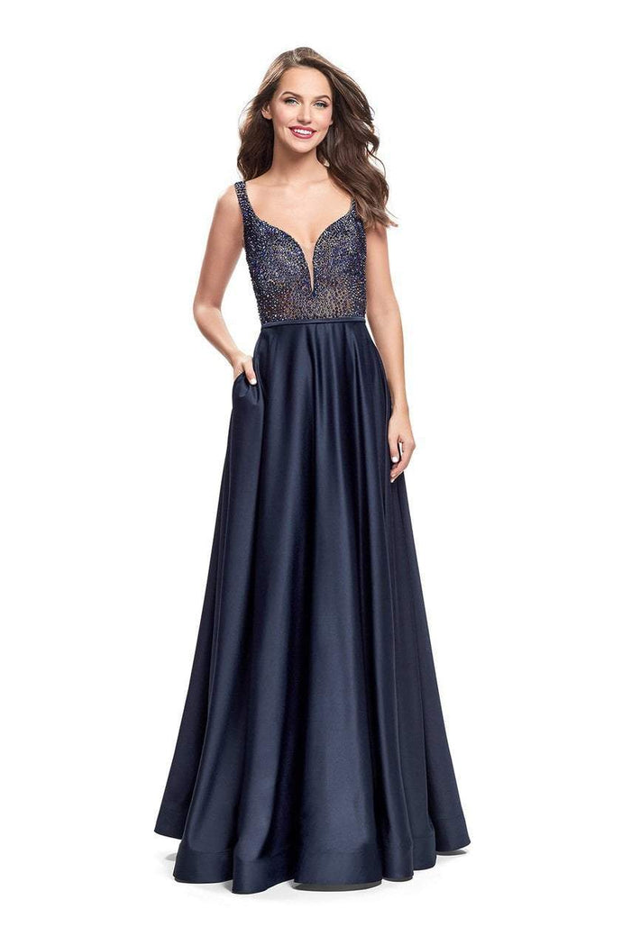 La Femme - 25348 Sleeveless Crystal Crusted Plunging Satin Gown Special Occasion Dress 00 / Navy
