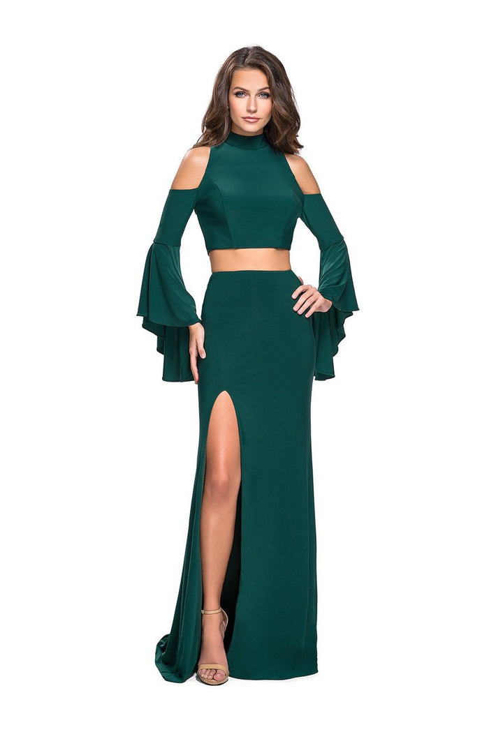 La Femme - 25353 Long Sleeve Cutaway Two-Piece Jersey Gown Special Occasion Dress 00 / Forest Green