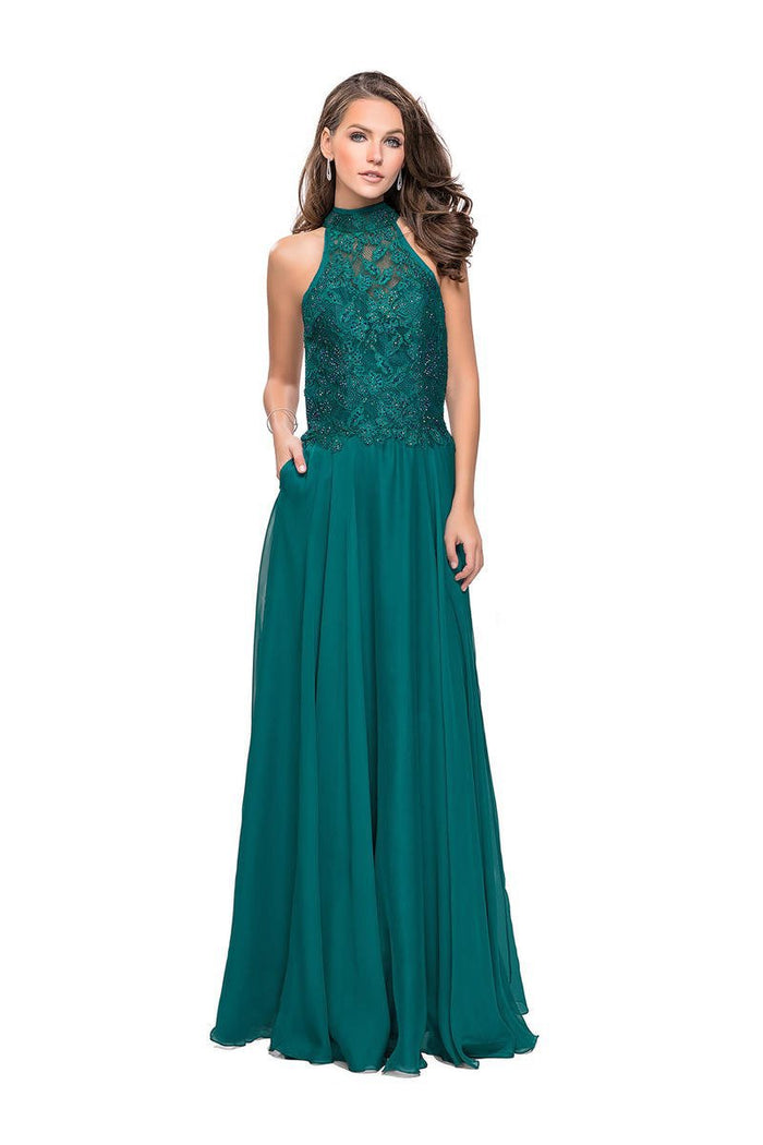 La Femme - 25355 Bejeweled Illusion Halter Lace Chiffon Gown Special Occasion Dress 00 / Forest Green