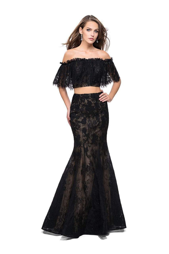 La Femme - 25417 Two Piece Ruffled Off-Shoulder Lace Mermaid Dress Special Occasion Dress 00 / Black