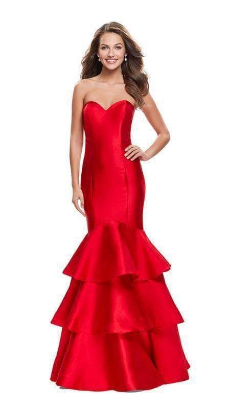 La Femme - 25432 Sweetheart Mikado Tiered Ruffle Mermaid Dress Special Occasion Dress 00 / Red