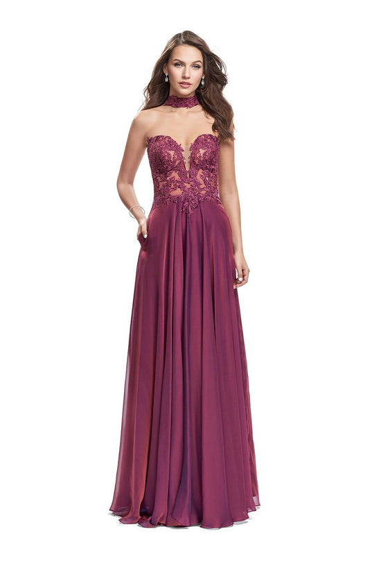 La Femme - 25450 Choker Accented Plunging Lace Bodice Gown