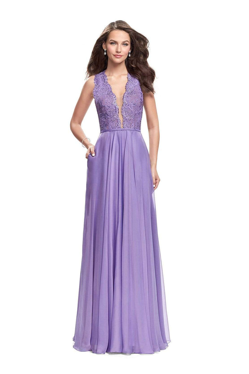 La Femme 25487 Plunging Scalloped Lace Chiffon Dress - Couture Candy