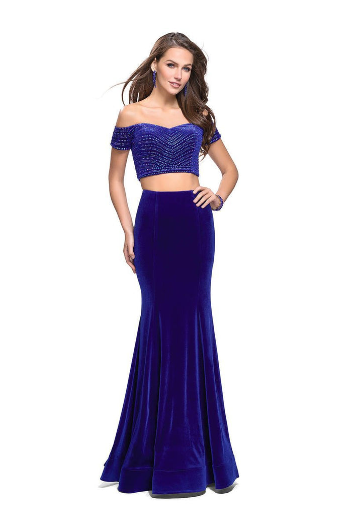 La Femme - 25496 Two Piece Off Shoulder Mermaid Gown Special Occasion Dress 00 / Royal Blue