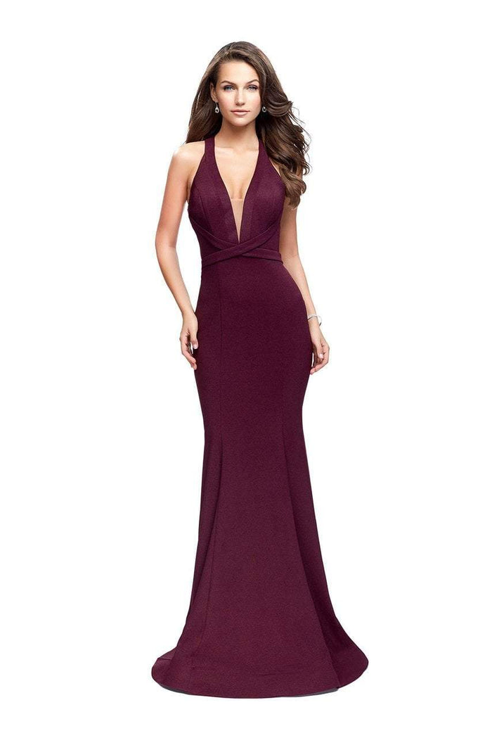 La Femme - 25503 Strappy Plunging Fitted Mermaid Gown Special Occasion Dress 00 / Burgundy