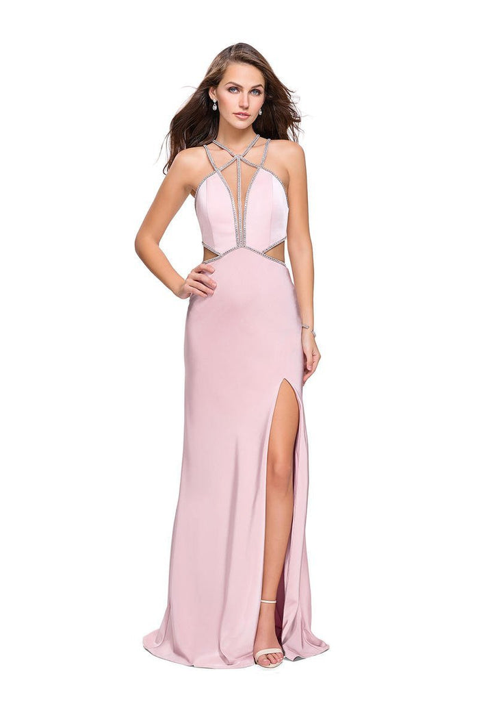 La Femme - 25508 Beaded Fitted Strappy Slit Dress Special Occasion Dress 00 / Light Blush