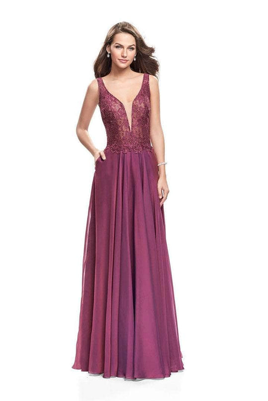 La Femme - 25513SC Embellished Plunging V-neck Long Dress