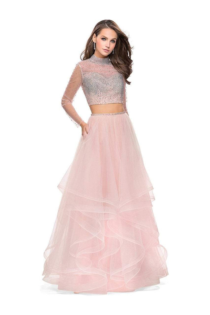 La Femme - 25555 Two Piece Bedazzled Ruffled Tulle Dress Special Occasion Dress 00 / Blush
