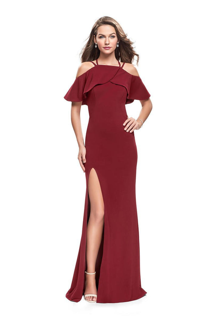 La Femme - 25556 Ruffled Off Shoulder Jersey Dress Special Occasion Dress 00 / Burgundy