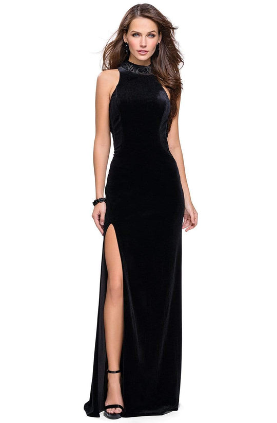 La Femme - 25559 High Neckline Velvet Fitted Gown with Side Slit