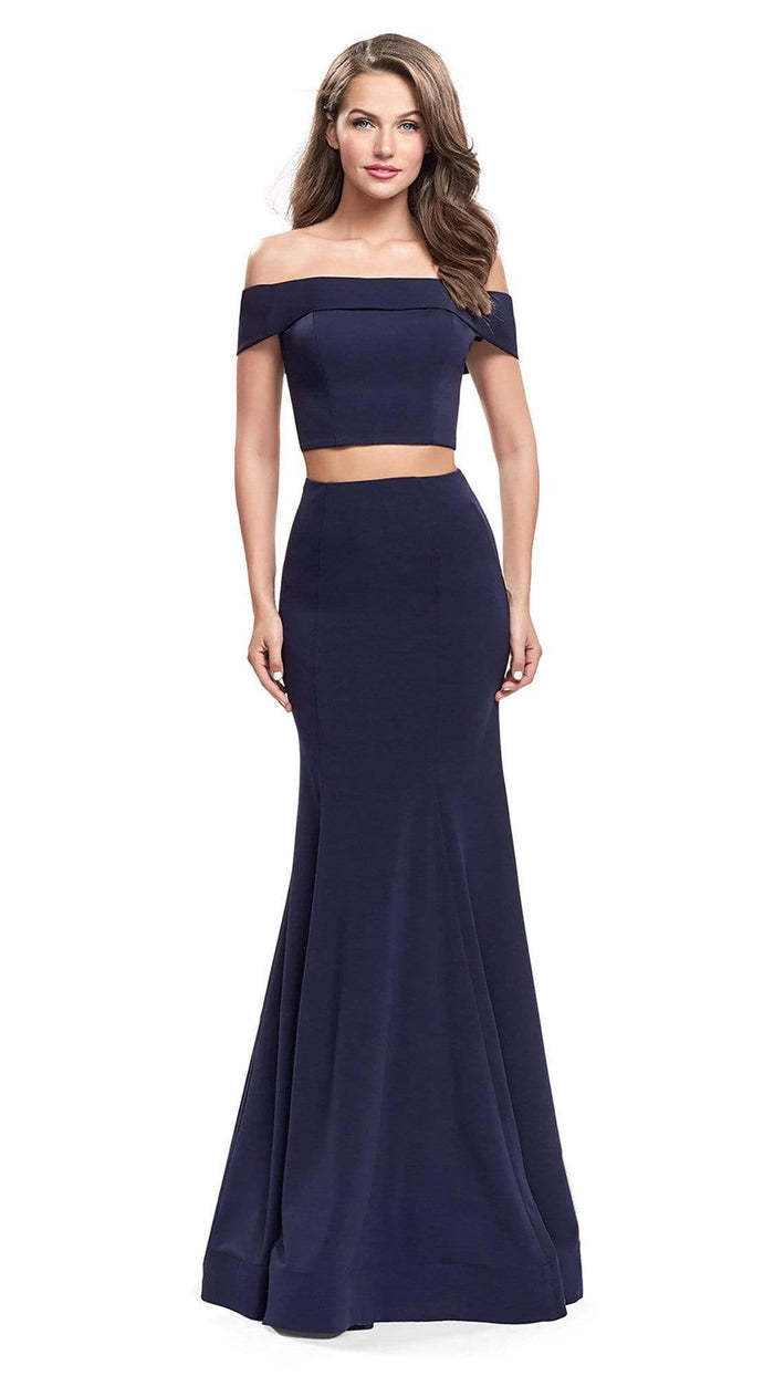 La Femme - 25578 Two-Piece Fold-Over Off Shoulder Jersey Gown Evening Dresses 00 / Navy