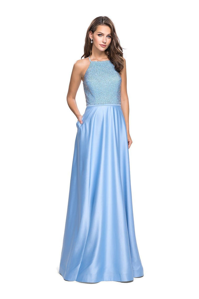 La Femme - 25601 Beaded Halter Back Cutout Dress Special Occasion Dress 00 / Powder Blue