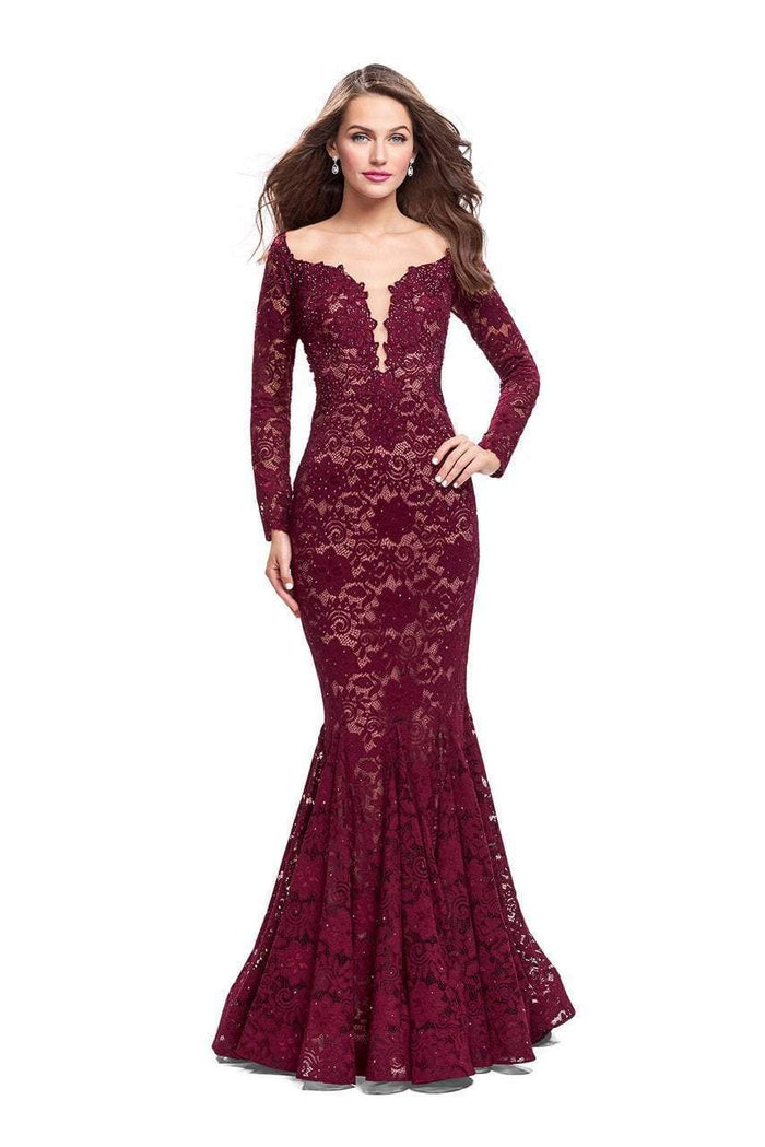 La Femme - 25607 Beaded Long Sleeve Lace Mermaid Dress Special Occasion Dress 00 / Garnet