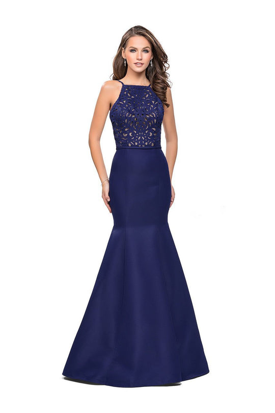 La Femme - 25650 Laser Cut Detailed Halter Mermaid Dress