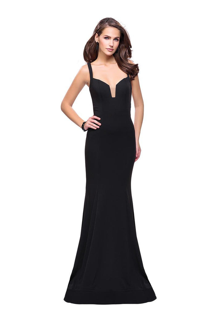 La Femme - 25651 Strappy Fitted V-Neck Trumpet Dress Special Occasion Dress 00 / Black