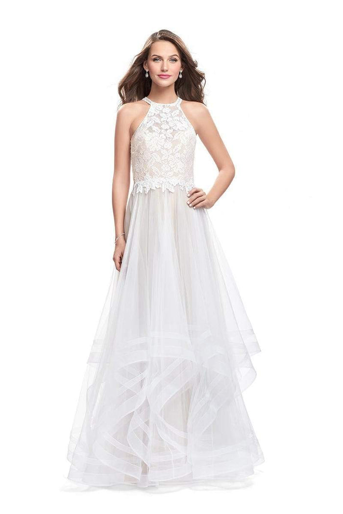 La Femme - 25671 High Halter Lace Bodice Tiered Tulle Gown Special Occasion Dress 00 / White