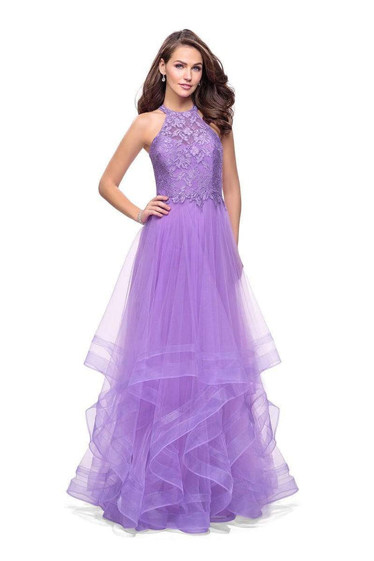 La Femme - 25671 High Halter Lace Bodice Tiered Tulle Gown