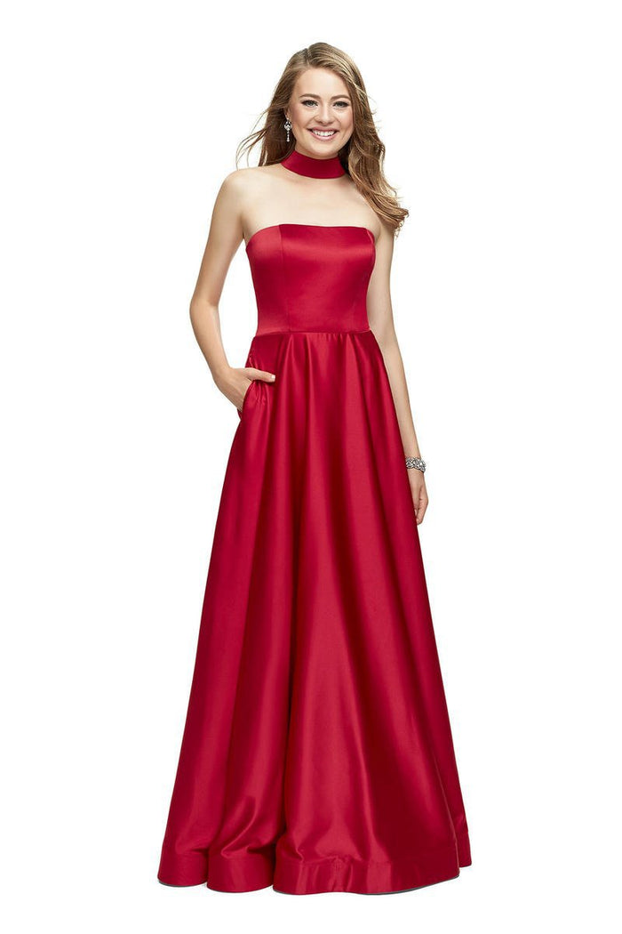 La Femme - 25680 Choker Accented Straight-Across Satin A-Line Gown Special Occasion Dress 00 / Red